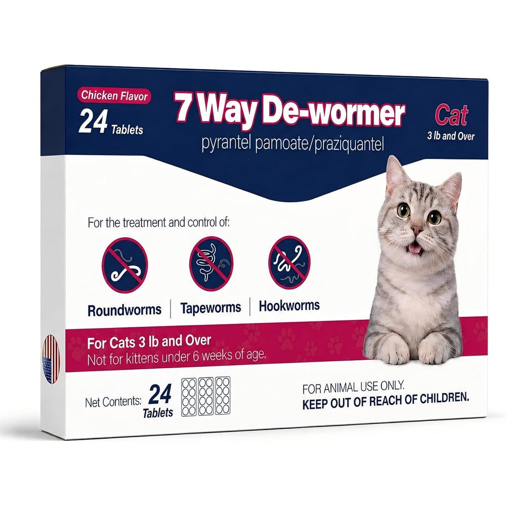 PetArmor MEGEAR 7 Way De Wormer for cats front packaging showing twenty four tablets