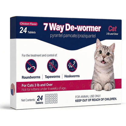 PetArmor MEGEAR 7 Way De Wormer for cats front packaging showing twenty four tablets