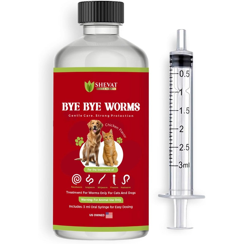 Shevat Vitamins Bye Bye Worms packaging front view showing liquid pet dewormer