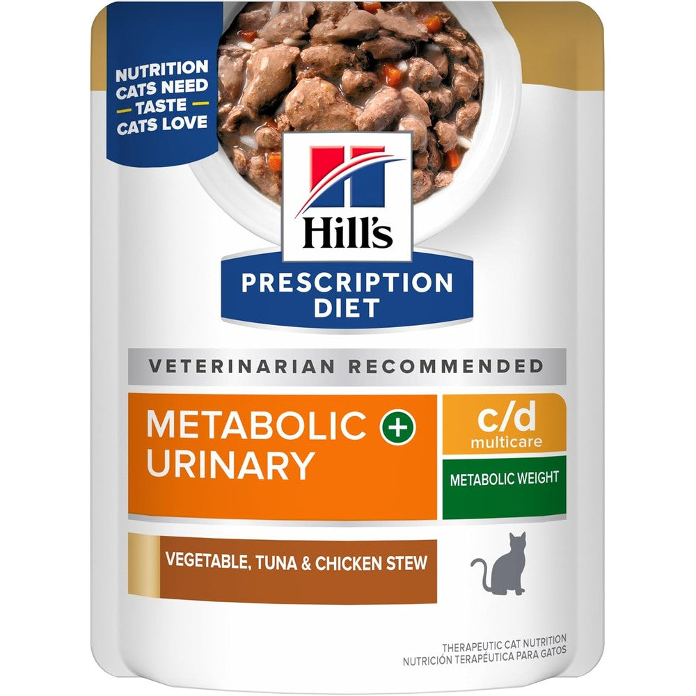 Hill's Prescription Diet c/d Multicare and Metabolic Weight and Urinary Care Wet Cat Food Vegetable Tuna and Chicken Stew 2.8 Ounce Pouches 24 Pack