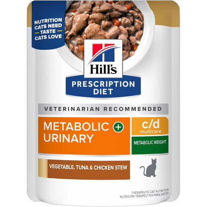 Hill's Prescription Diet c/d Multicare and Metabolic Weight and Urinary Care Wet Cat Food Vegetable Tuna and Chicken Stew 2.8 Ounce Pouches 24 Pack