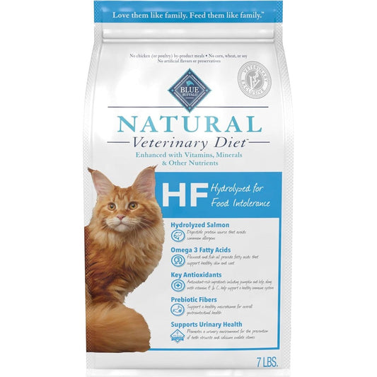 Blue Buffalo Natural Veterinary Diet HF Hydrolyzed For Food Intolerance Salmon Adult Dry Cat Food Veterinarian Prescription Required Seven Pound Bag