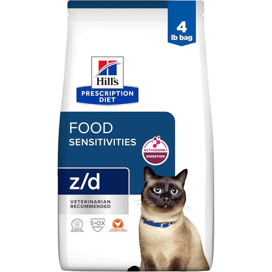 Hill's Prescription Diet z/d Skin And Food Sensitivities Hydrolyzed Chicken Flavor Dry Cat Food 4 Pound Bag For Adult Cats