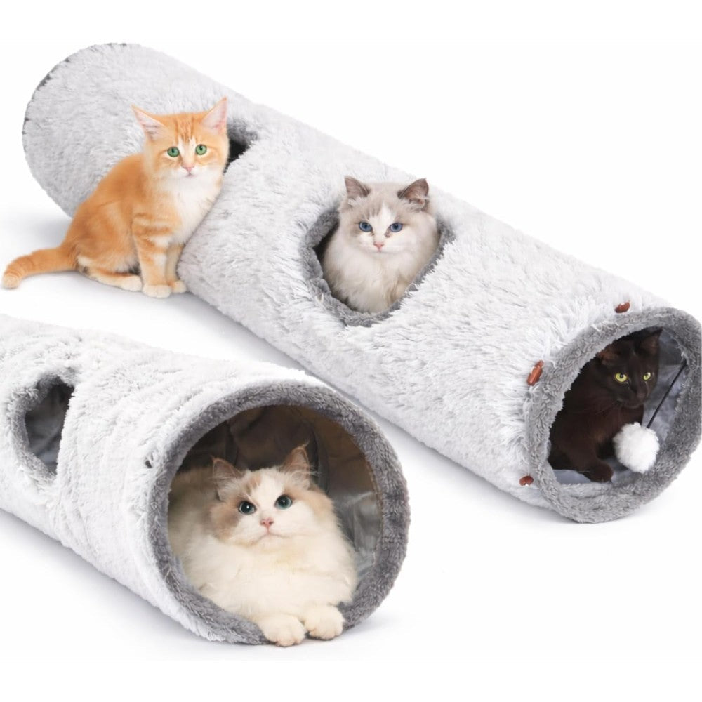 One PETS-TOP long cat tunnel front view showing pearl gray plush material and wide entrance for indoor pet play.