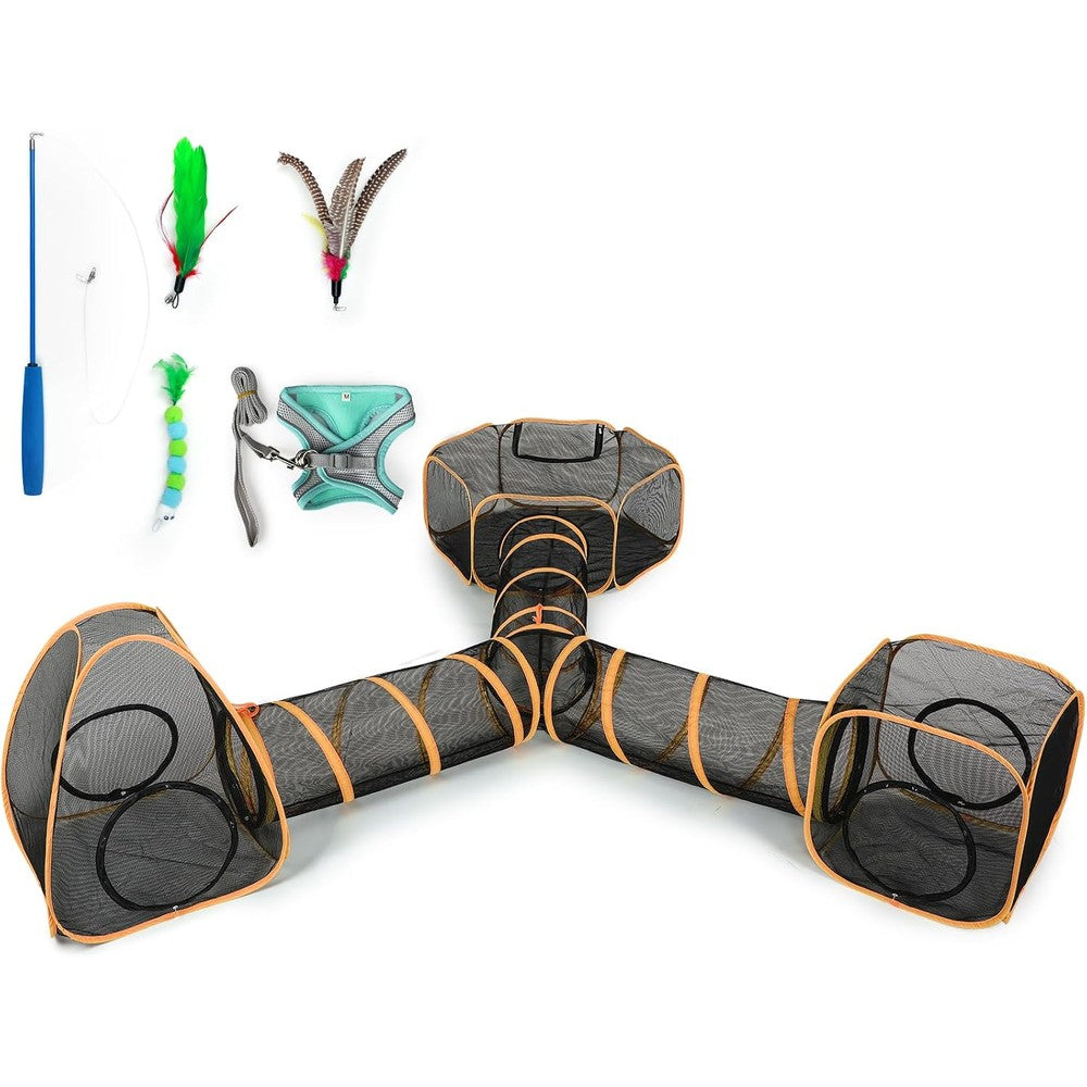 Wilhiker 5 in 1 outdoor cat tent set front view showing connected mesh tunnels and tents on green grass
