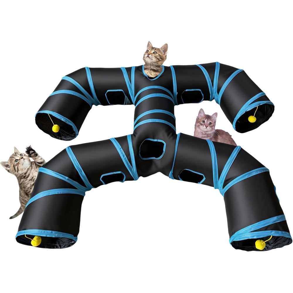 Bigladious Foldable H-Shaped Cat Tunnel Toy front view showing blue black design and premium pet play tubes.