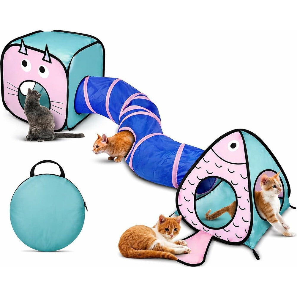 Rypet Cat Toy Tunnel and Cubes Bundle front view of the blue three in one pet play set