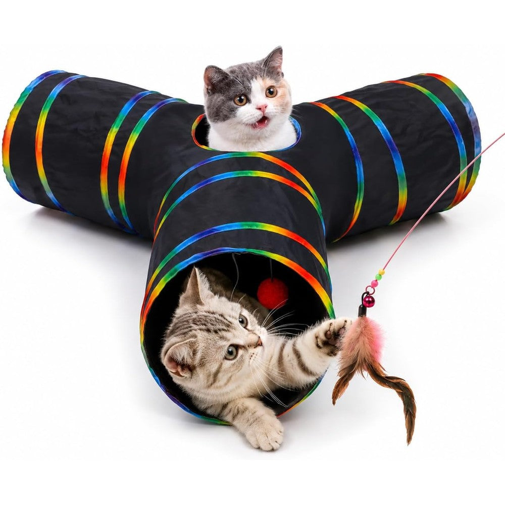 Luckitty collapsible three way cat tunnel front view highlighting black geometric rainbow pattern