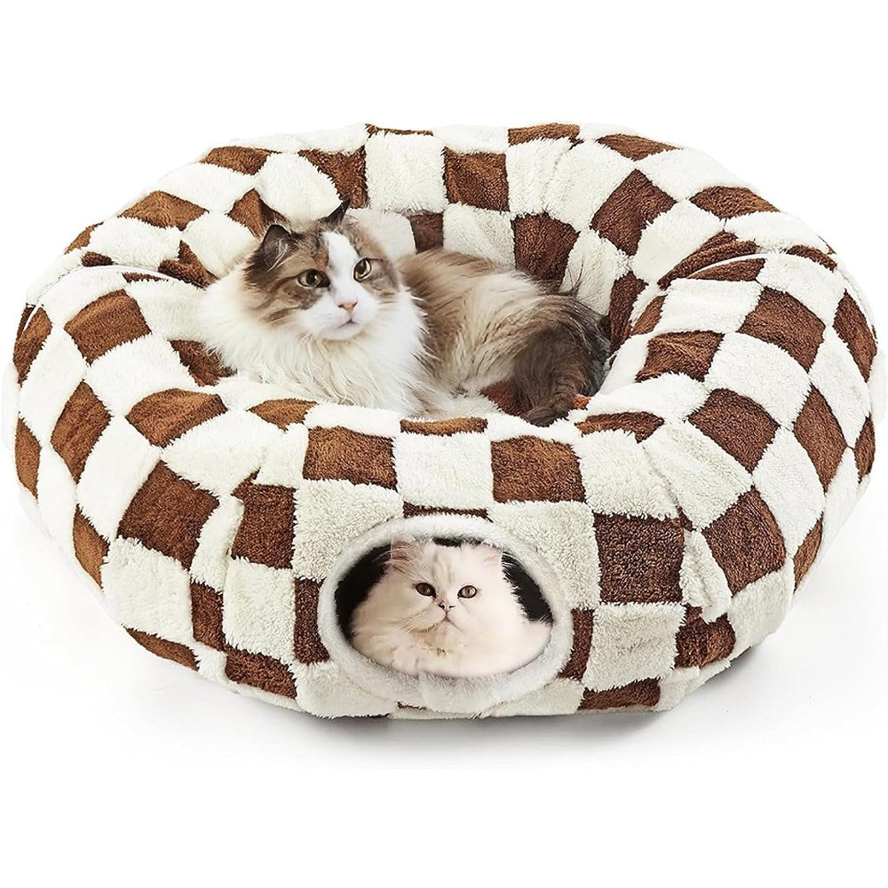 DFENGDF cat tunnel bed front view showing brown checkerboard pattern and central cushion