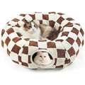 DFENGDF cat tunnel bed front view showing brown checkerboard pattern and central cushion