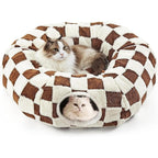 DFENGDF cat tunnel bed front view showing brown checkerboard pattern and central cushion