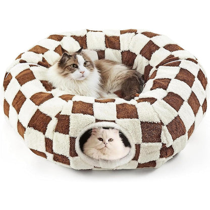 DFENGDF cat tunnel bed front view showing brown checkerboard pattern and central cushion
