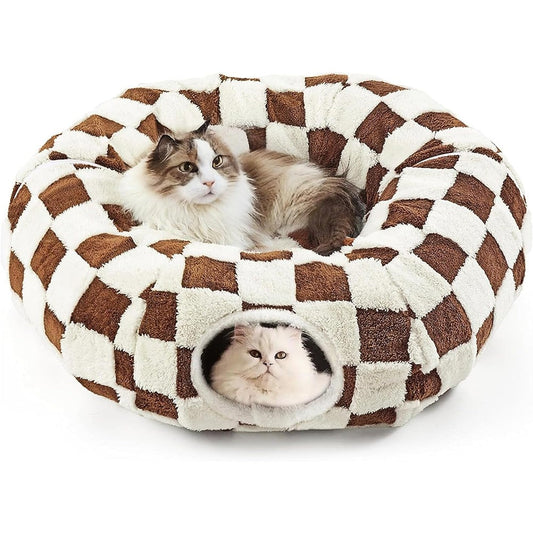 DFENGDF cat tunnel bed front view showing brown checkerboard pattern and central cushion