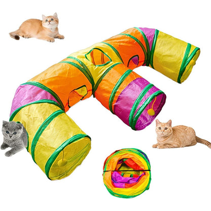 JoneRise 3 way collapsible cat tunnel front view showing E-shape design with hanging balls.