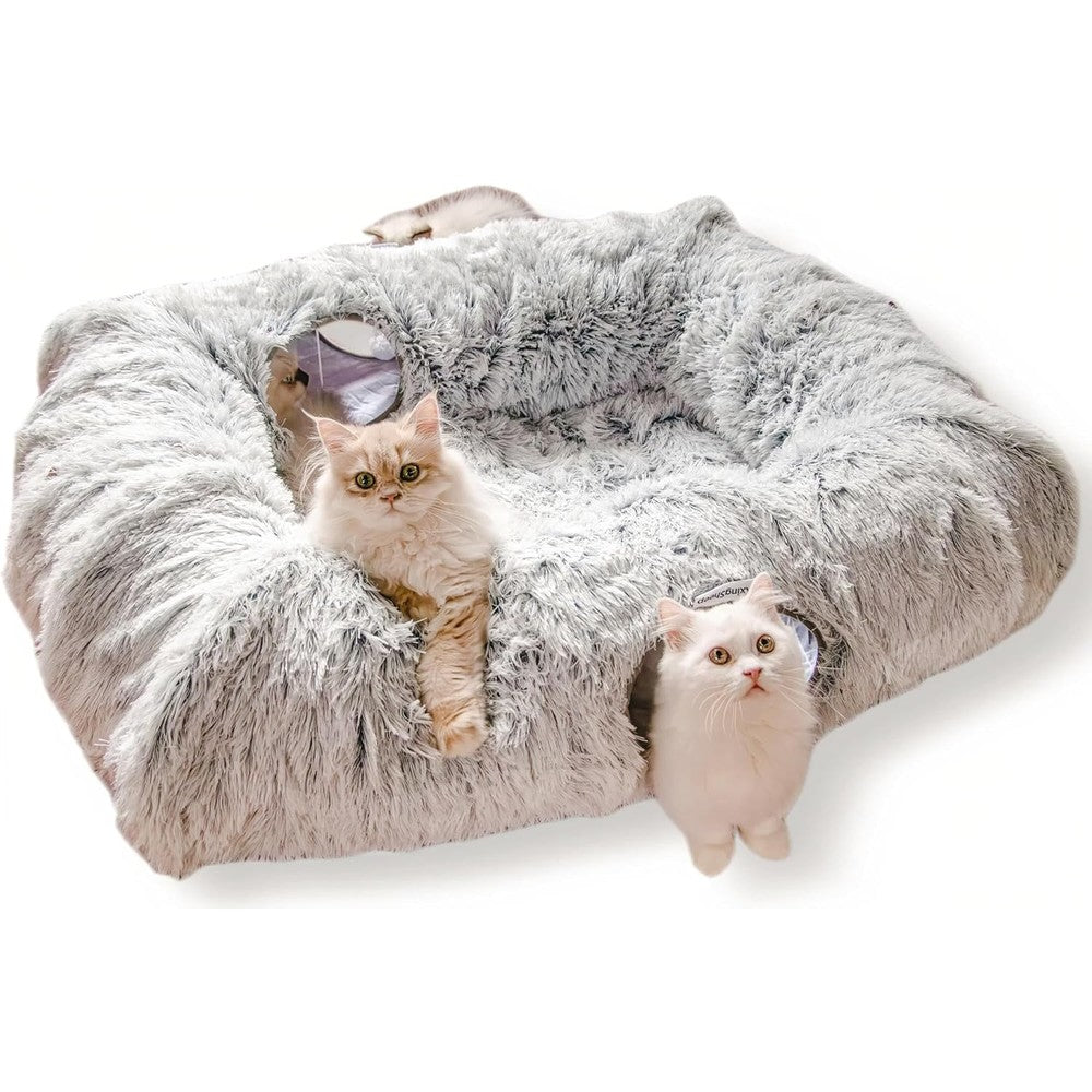 XxingSheep extra large cat tunnel bed front view showing four cave openings on a grey plush donut toy