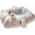 XxingSheep extra large cat tunnel bed front view showing four cave openings on a grey plush donut toy