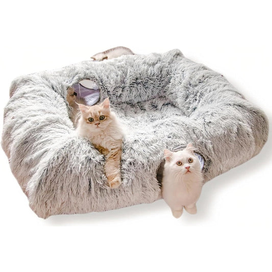 XxingSheep extra large cat tunnel bed front view showing four cave openings on a grey plush donut toy