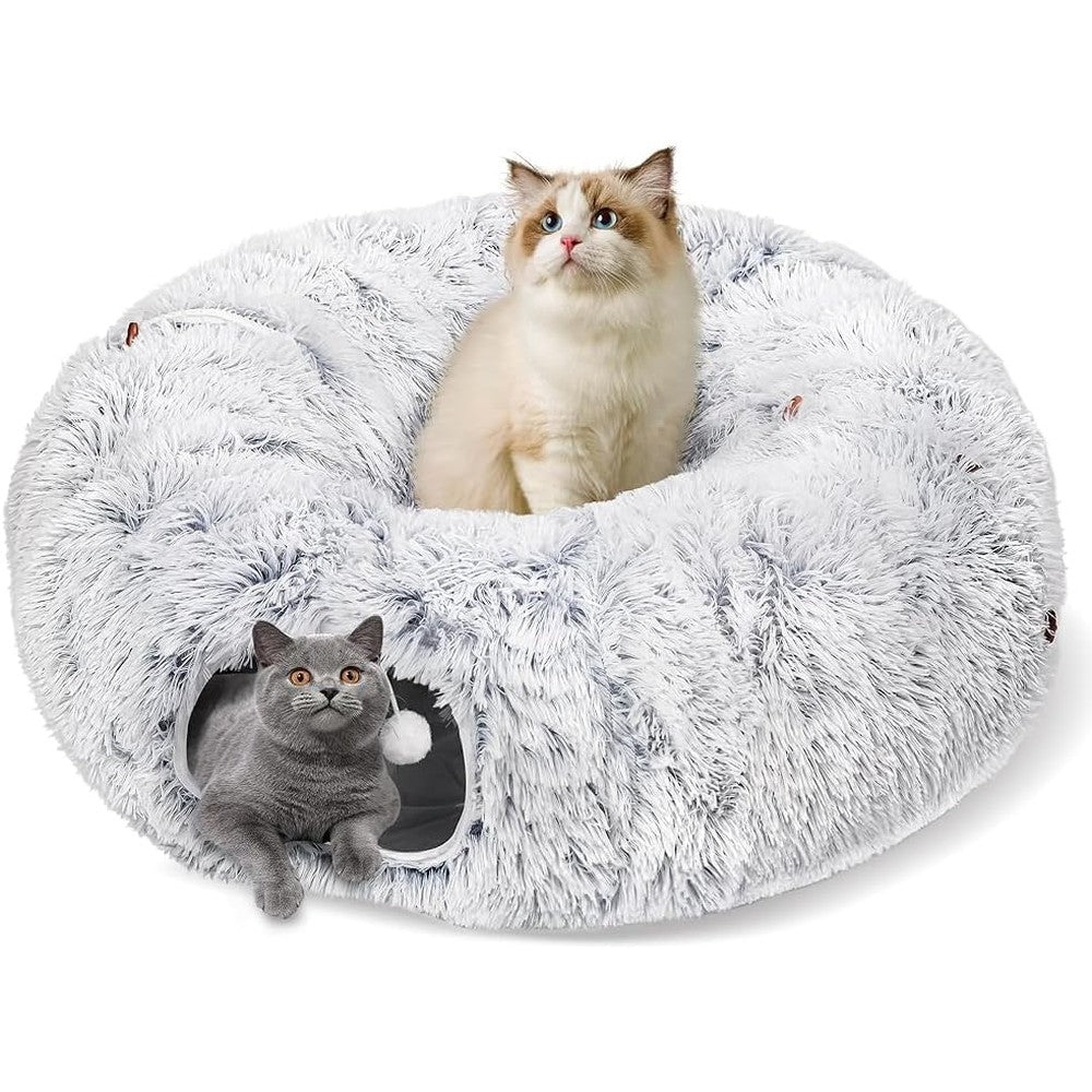 Baseola cat tunnel bed front view showing grey plush donut cave design with central cushion