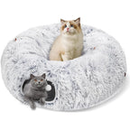 Baseola cat tunnel bed front view showing grey plush donut cave design with central cushion