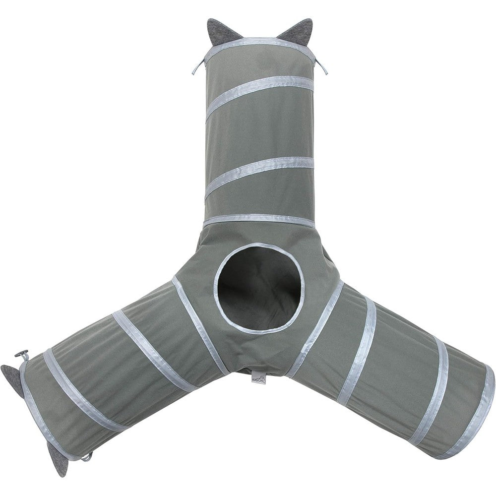 Kitty City Cat Tunnel front view featuring gray 3-way layout for indoor pets.