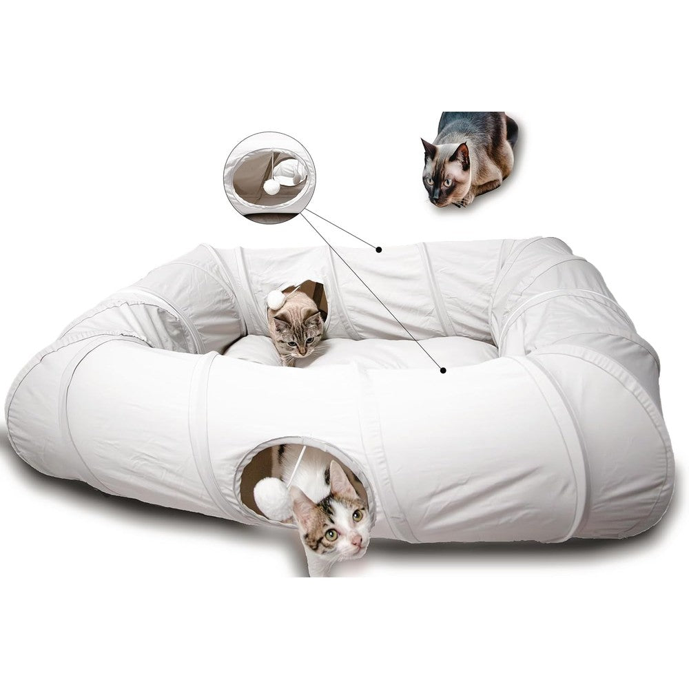 XxingSheep 4 ways shuttled XL cat tunnel bed front view showing the four distinct tunnel entrances and pink exterior fabric.