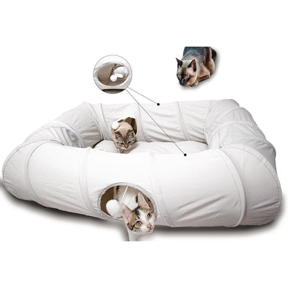 XxingSheep 4 ways shuttled XL cat tunnel bed front view showing the four distinct tunnel entrances and pink exterior fabric.