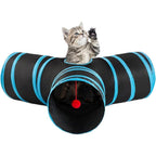 Bigladious 3 Way Cat Tunnel front view showcasing three interconnected black and blue tubes for pet exercise.