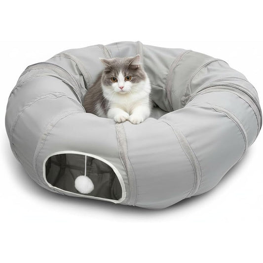 AUOON Cat Tunnel Bed front view featuring light grey donut design with central sleeping mat