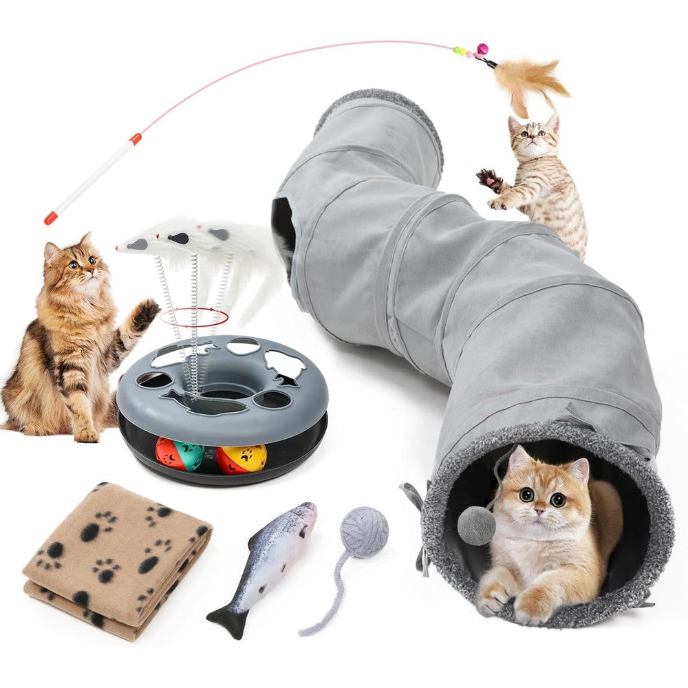 HIPYPLAS collapsible cat tunnel tube front view showing gray oxford cloth texture and hanging plush ball.