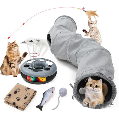 HIPYPLAS collapsible cat tunnel tube front view showing gray oxford cloth texture and hanging plush ball.
