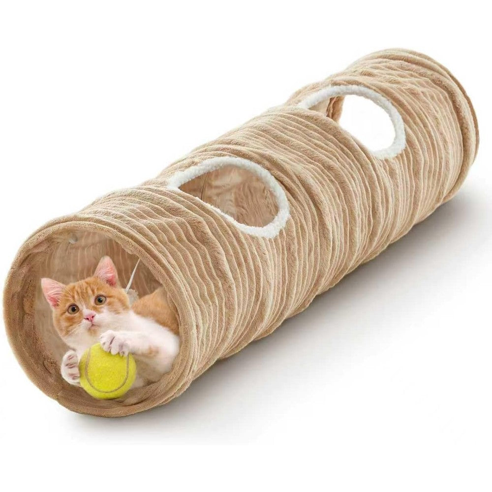 Flashing Fire Collapsible Cat Play Tunnel front view showing the wide entrance and hanging plush ball.