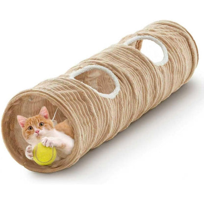 Flashing Fire Collapsible Cat Play Tunnel front view showing the wide entrance and hanging plush ball.