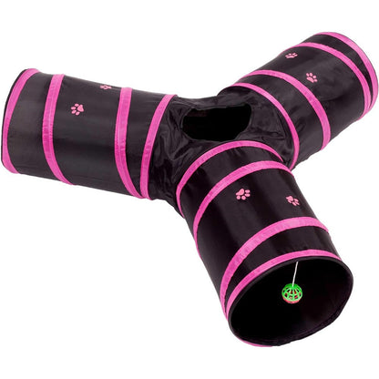 Prosper Pet cat tunnel front view displaying black polyester body and bright pink paw print details