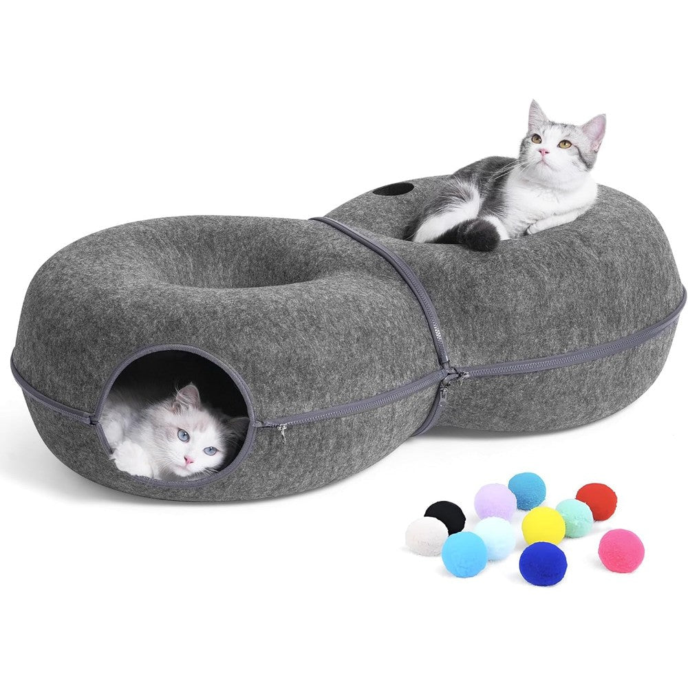 LovIntry 8-shaped large cat tunnel bed front view showing dark grey felt material.