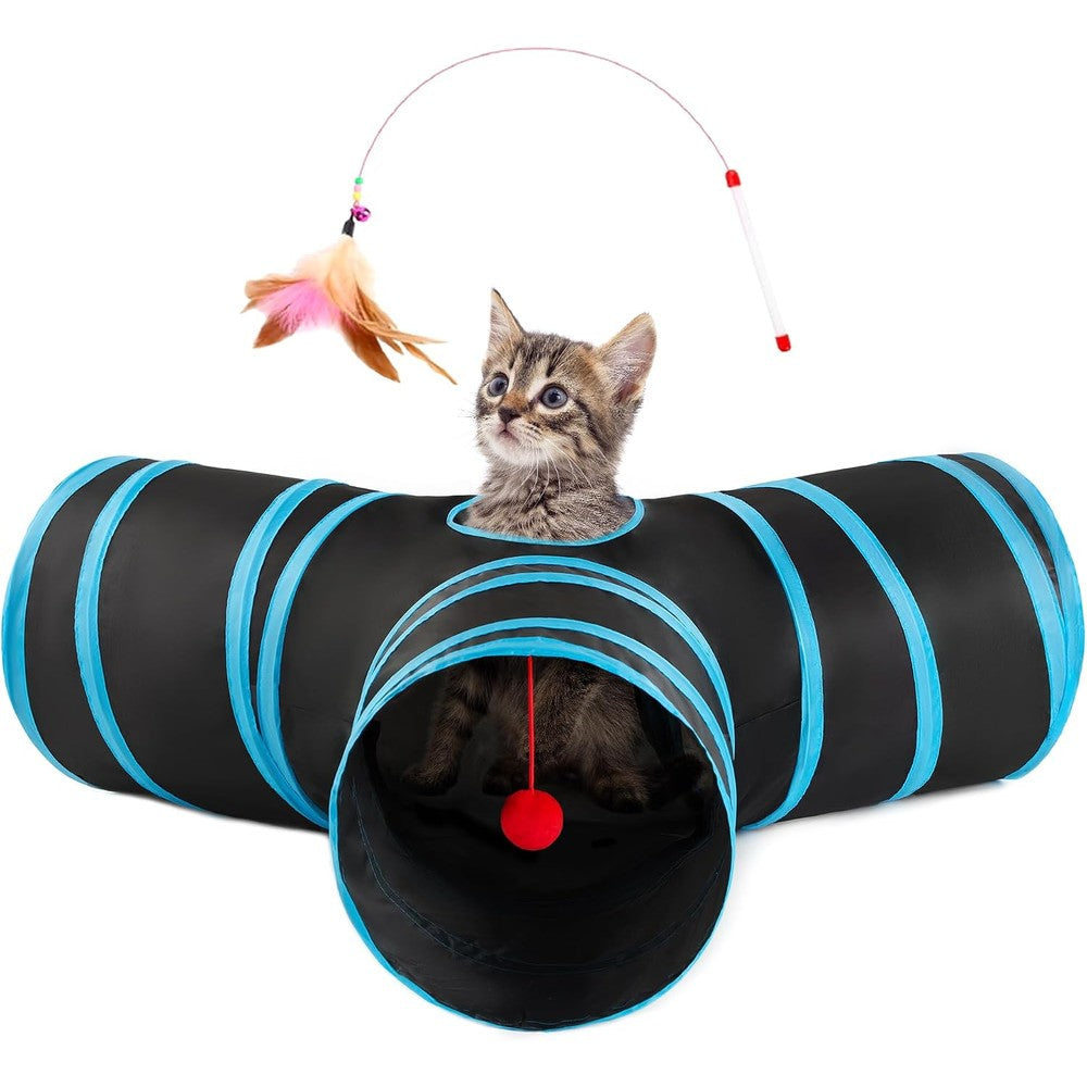 Love's Cabin cat tunnel front view showing the three-way collapsible blue and black design.