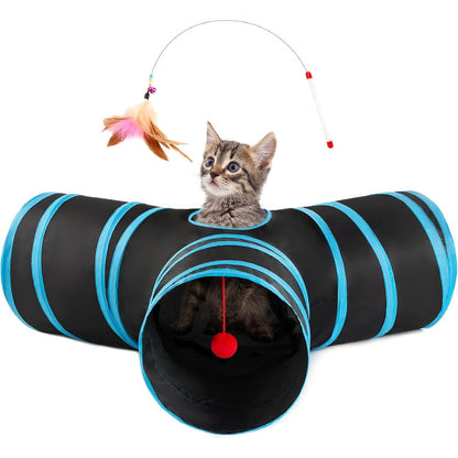 Love's Cabin cat tunnel front view showing the three-way collapsible blue and black design.