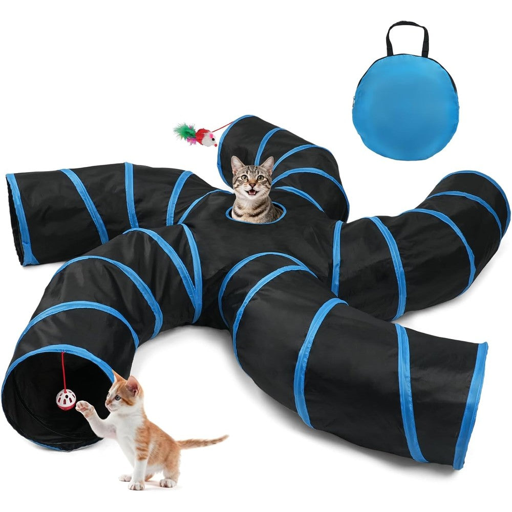 Joytale 5-Way Cat Tunnel front view showing the blue and black polyester multi-branch maze design.
