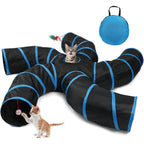 Joytale 5-Way Cat Tunnel front view showing the blue and black polyester multi-branch maze design.