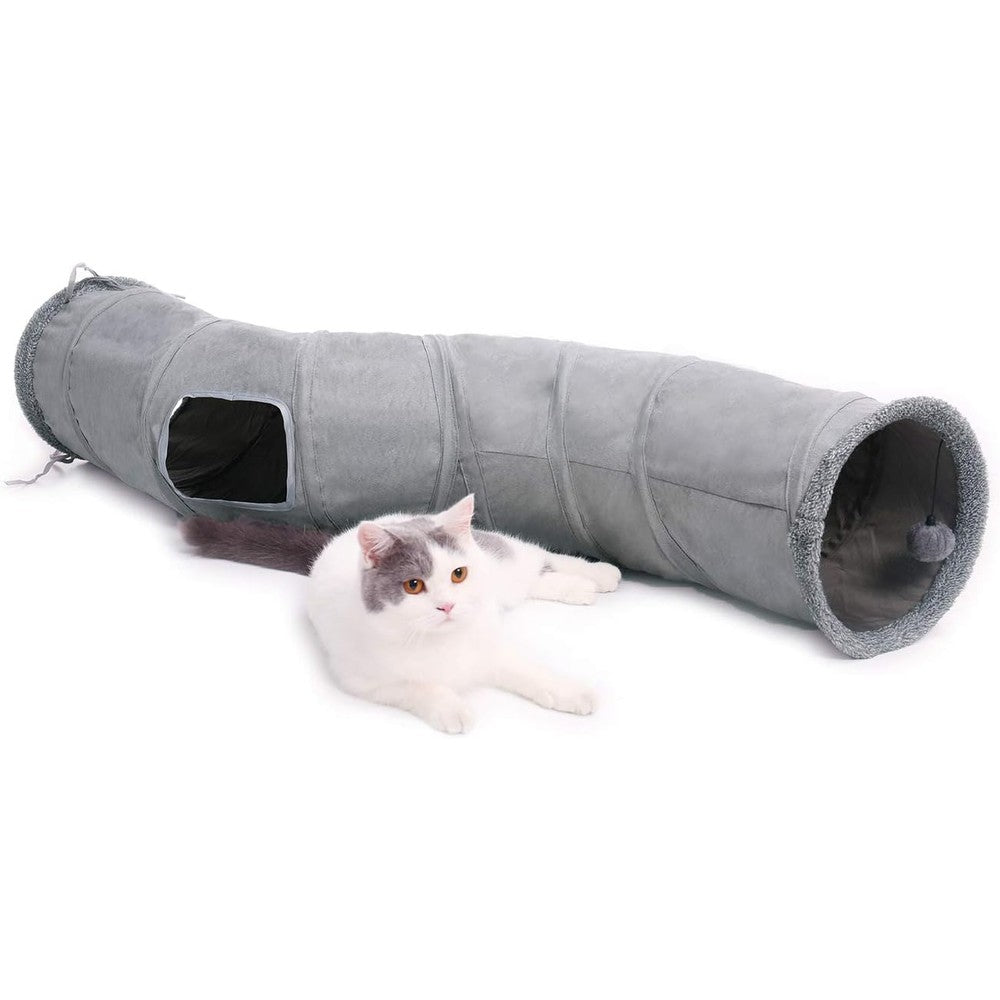 PAWZ Road collapsible S-shape cat tunnel front view showing the entrance and dangling toy ball.