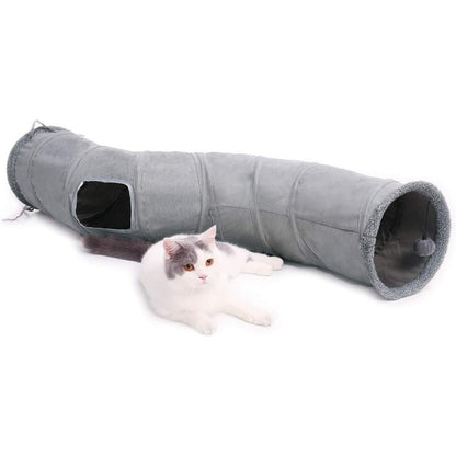 PAWZ Road collapsible S-shape cat tunnel front view showing the entrance and dangling toy ball.