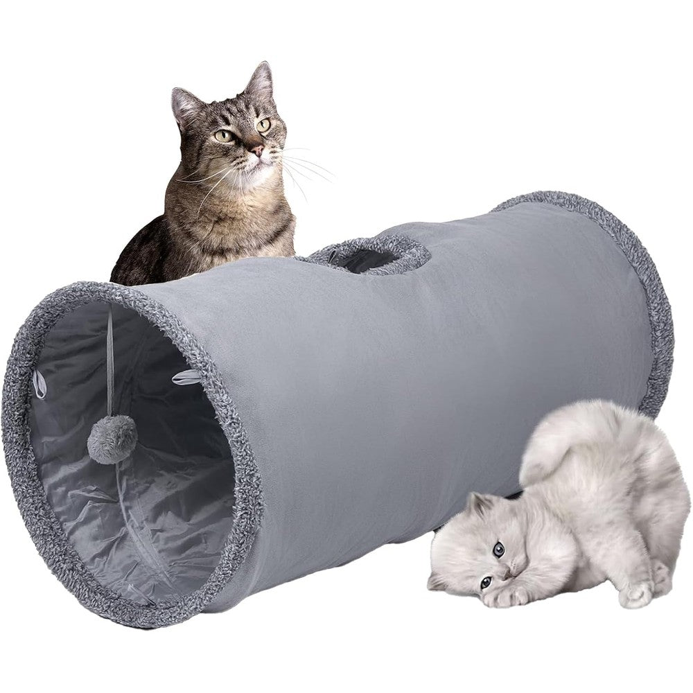 TiLanmiy suede collapsible cat tunnel front view showing the grey fabric exterior.