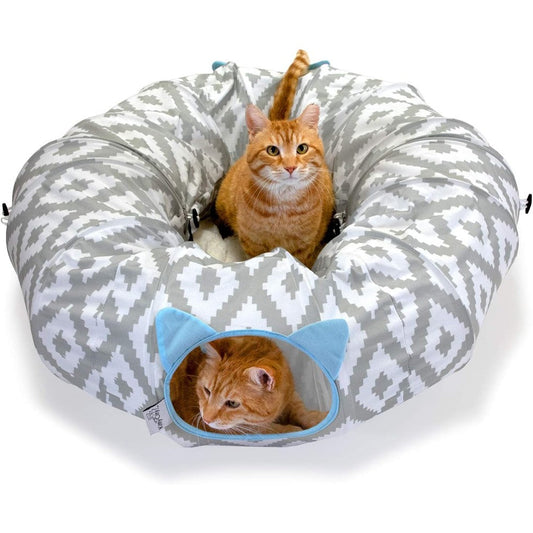 Kitty City Large Cat Tunnel Bed White front view showing the circular play tunnel and central plush mat.