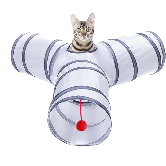 Alicedreamsky collapsible three-way cat tunnel in white and gray front view
