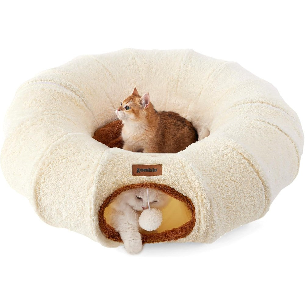 ZOMISIA cat tunnel bed front view showing beige donut shape with cat lounging inside