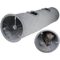 Terunat Foldable Suede Cat Tunnel front view showing the grey suede fabric and hanging play ball.