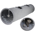 Terunat Foldable Suede Cat Tunnel front view showing the grey suede fabric and hanging play ball.
