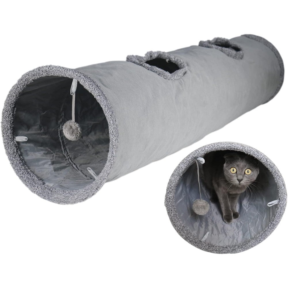 Terunat Foldable Suede Cat Tunnel front view showing the grey suede fabric and hanging play ball.