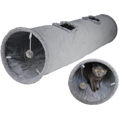 Terunat Foldable Suede Cat Tunnel front view showing the grey suede fabric and hanging play ball.