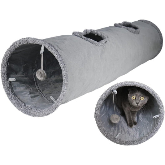 Terunat Foldable Suede Cat Tunnel front view showing the grey suede fabric and hanging play ball.