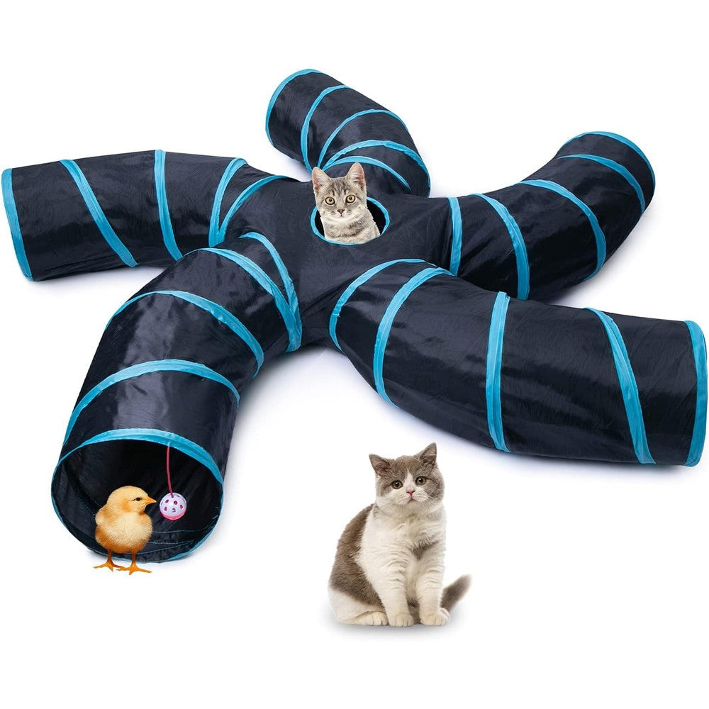 EGETOTA S-Shape Five Way Collapsible Cat Tunnel front view showing interactive blue and black design.